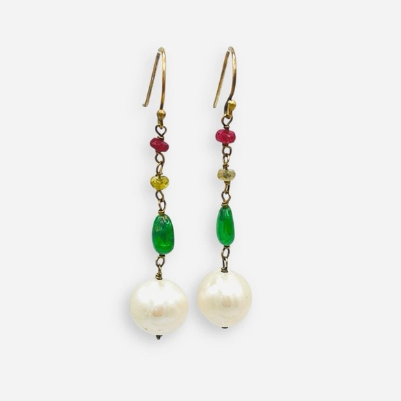 Sundance Catalog On A Cloud Gold Earrings Ruby Citrine Aventurine Pearl Dangle - Picture 5 of 8